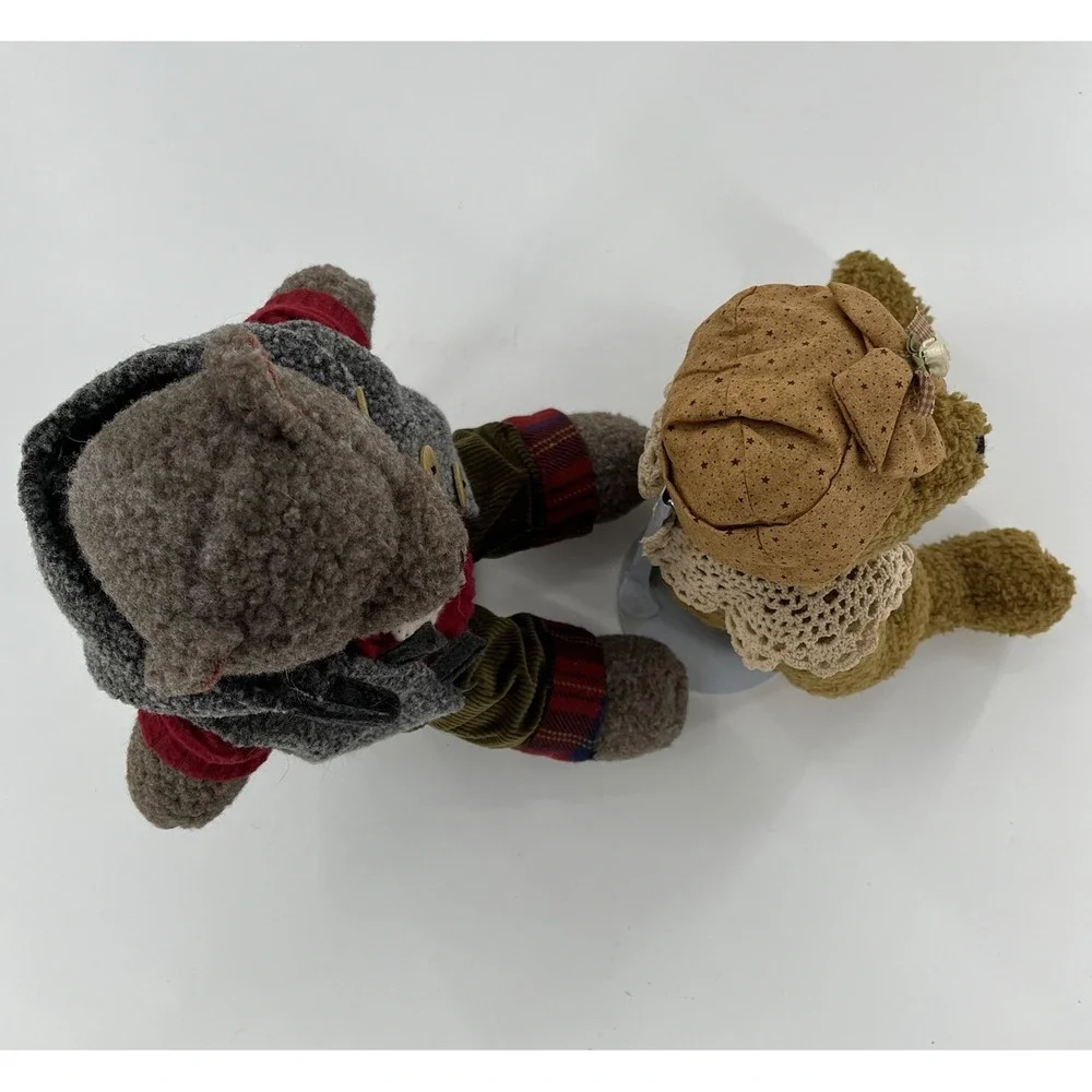 2 Vintage Russ Berrie Jointed Plush Boy Girl‎ Bears Cords Lace Pair Stands 14